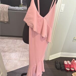 Women pink summer cocktail dress with spaghetti straps. Size L